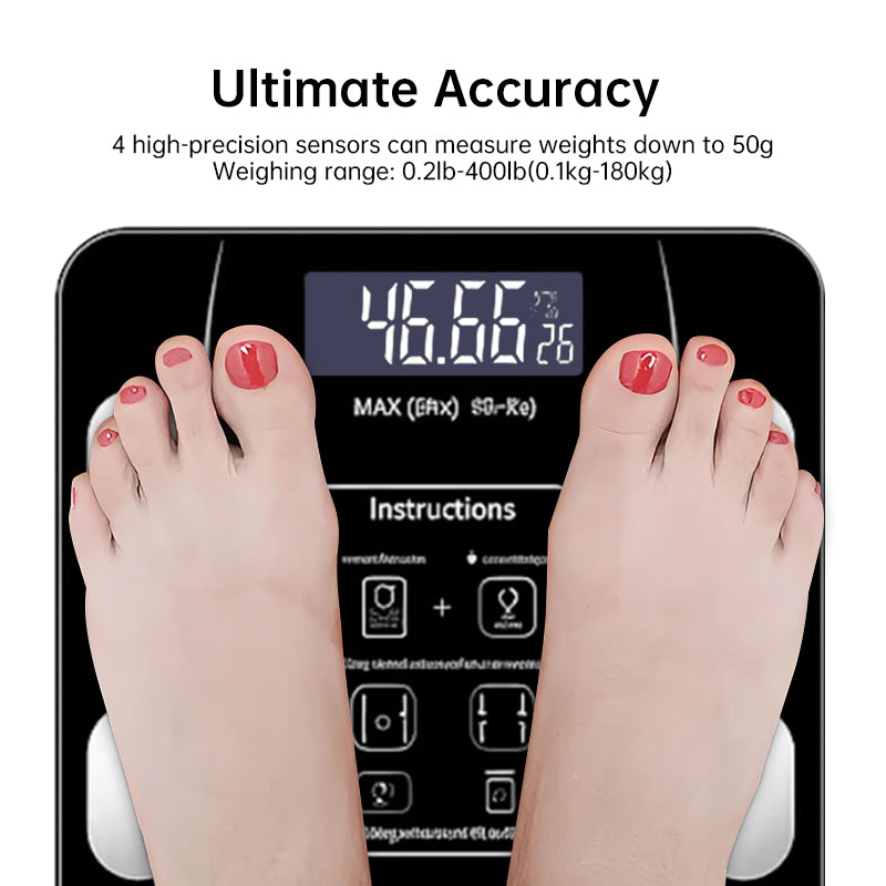 Bluetooth smart scale with app, full-body analysis, iOS/Android, 180kg, high-precision for fitness.