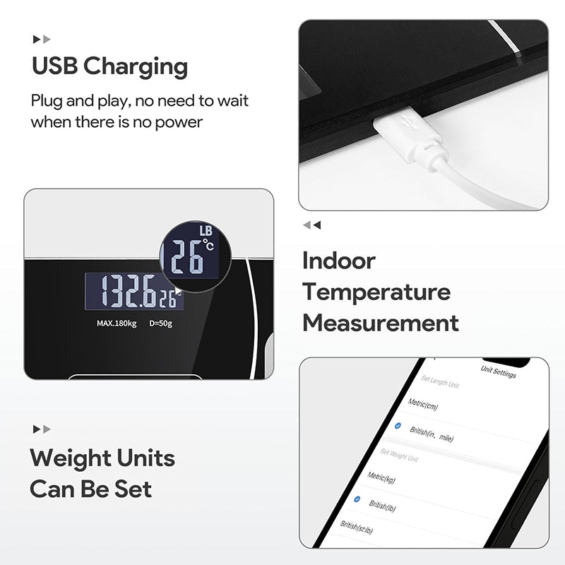 Bluetooth smart scale with app, full-body analysis, iOS/Android, 180kg, high-precision for fitness.