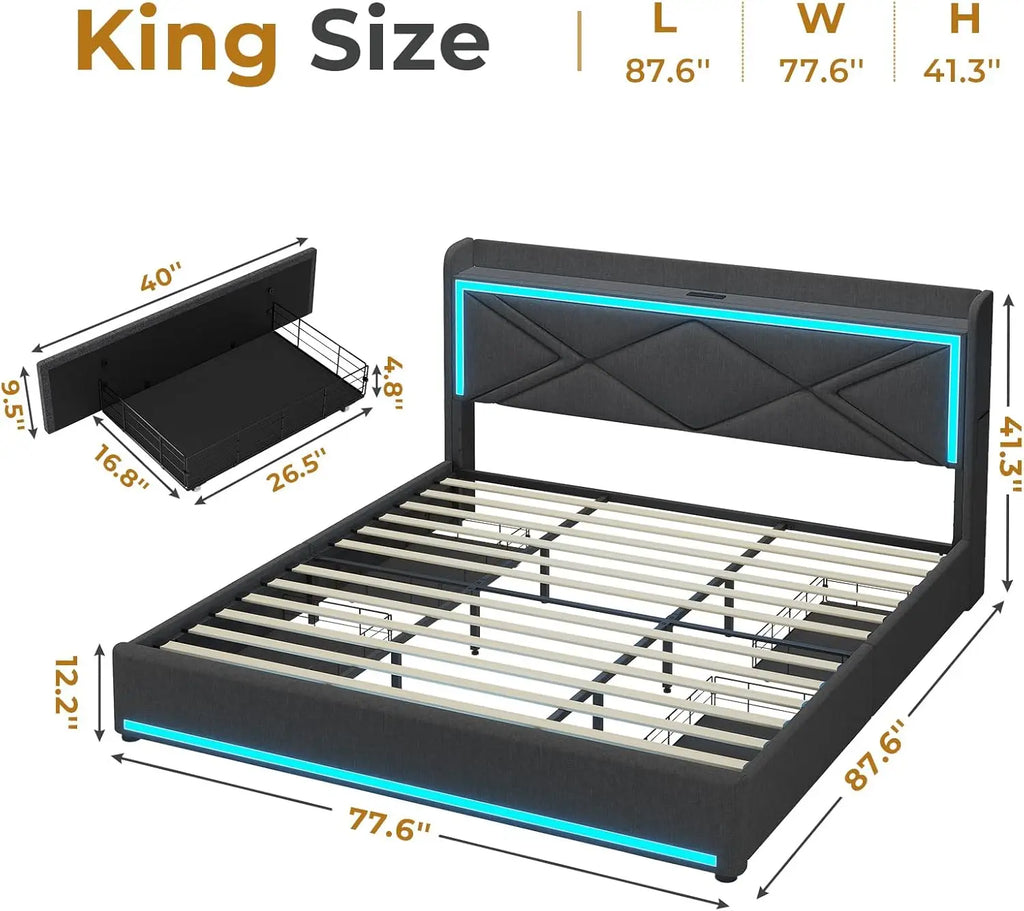 King Size LED Bed Frame with Storage Headboard and Charging Station, Upholstered King Platform Bed Frame Dark Grey