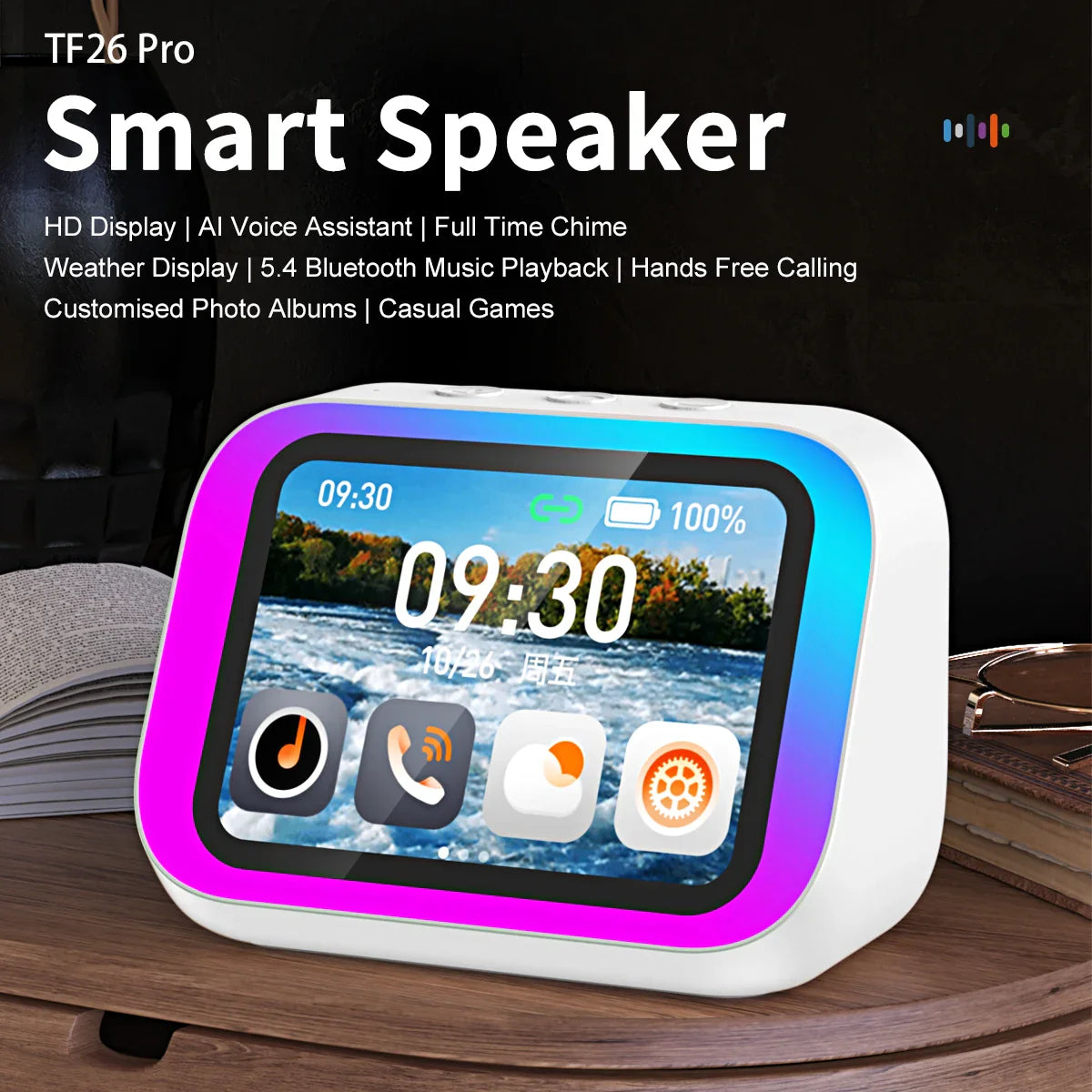 Smart Bluetooth Translator RGB Speaker 18 Languages Real-time Translation AI bluetooth 5.4 speaker with LCD display, game,alarm