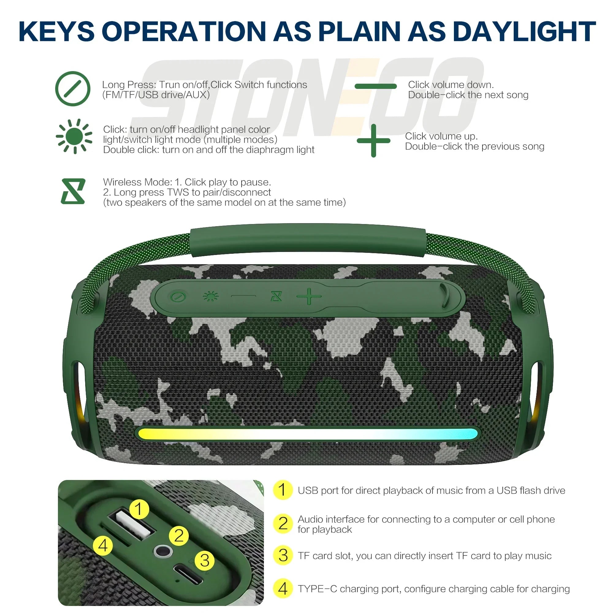 Outdoor Portable Bluetooth 53 Wireless Speaker IPX6 Waterproof High Power Audio RGB Lantern Subwoofer