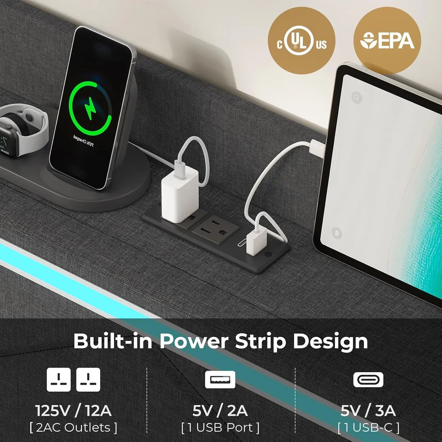 King Size LED Bed Frame with Storage Headboard and Charging Station, Upholstered King Platform Bed Frame Dark Grey