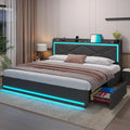 King Size LED Bed Frame with Storage Headboard and Charging Station, Upholstered King Platform Bed Frame Dark Grey